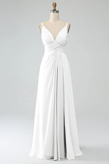 White A-Line Spaghetti Straps Pleated Chiffon Long Bridesmaid Dress
